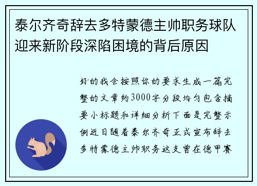 泰尔齐奇辞去多特蒙德主帅职务球队迎来新阶段深陷困境的背后原因